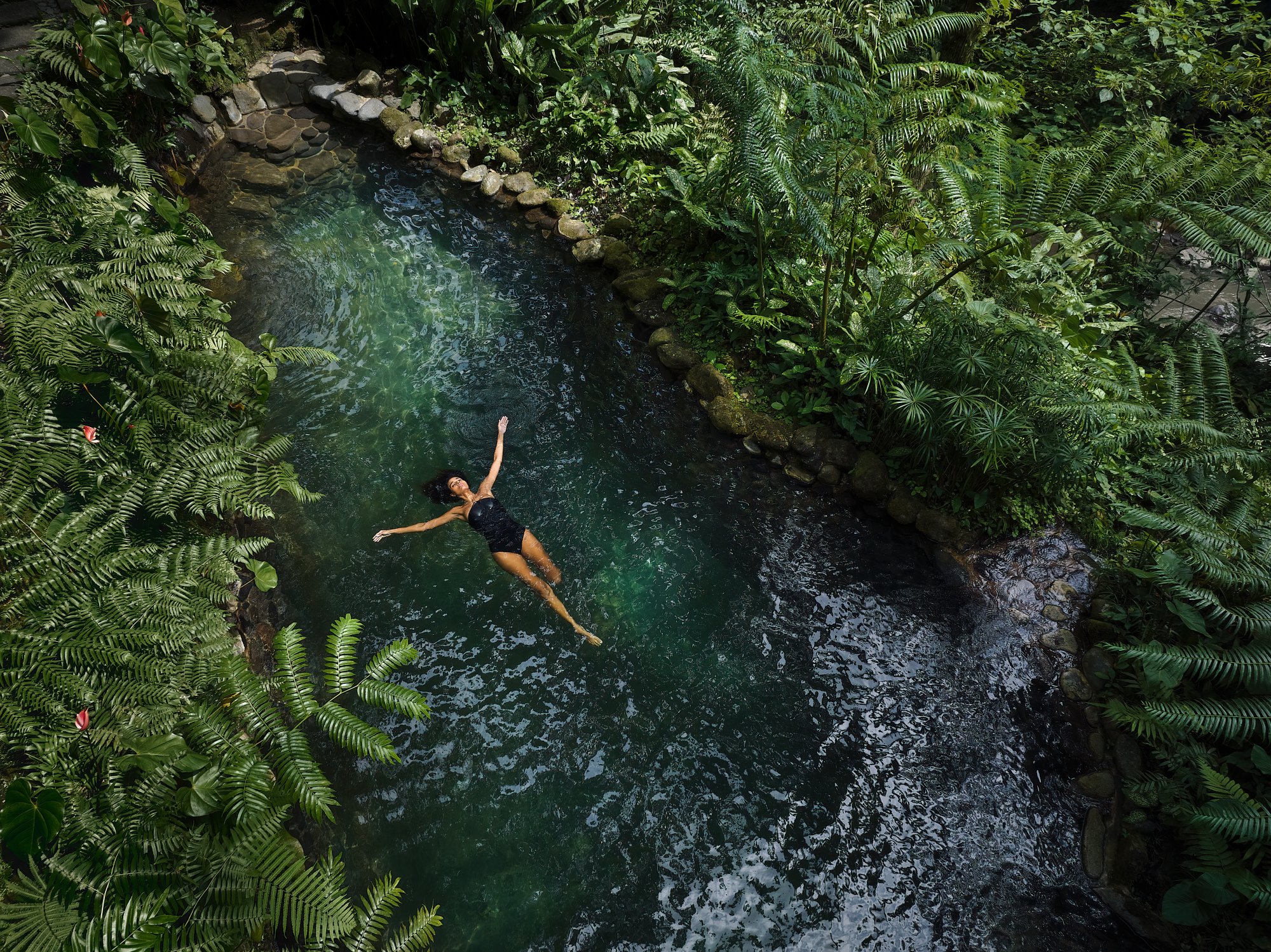 A person floats peacefully in a lush green natural pool surrounded by dense ferns and tropical vegetation. The water is a deep emerald green, creating a tranquil and immersive natural environment.